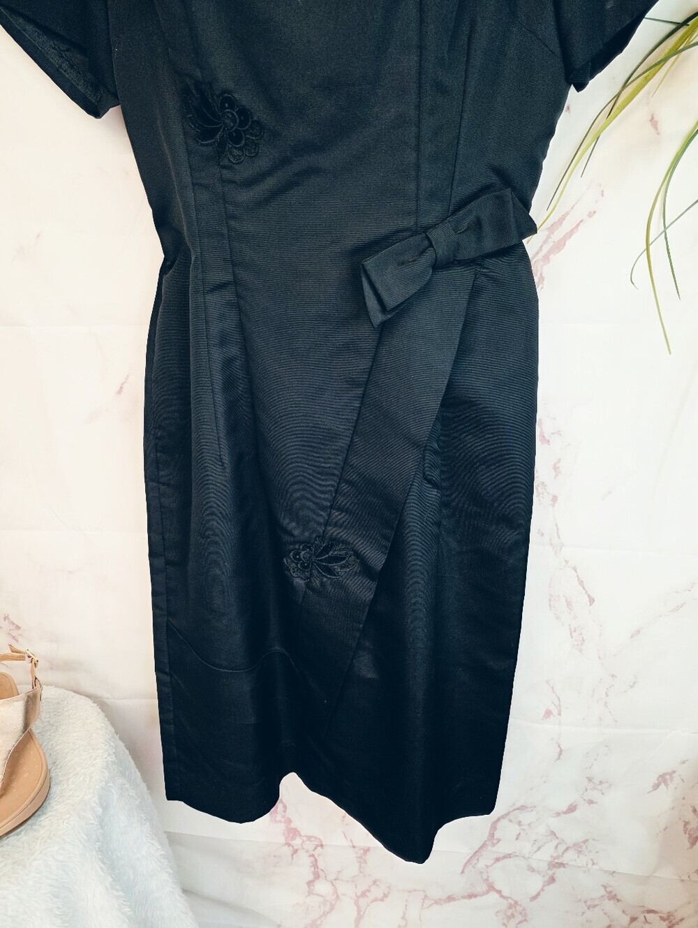 Town Modes Vintage 100% Silk Black Embroidered Sheath Dress Size 8 NWT 80's - Picture 5 of 6